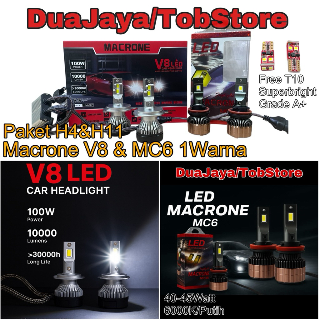 Paket Lampu Led Headlamp Foglamp Innova 2012 - 2016 Macrone V8 MC6 1Warna 6000K Putih Pnp