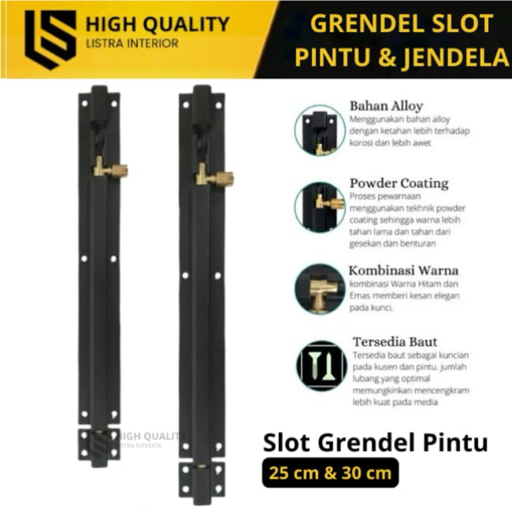 Grendel Slot Pintu dan Jendela Panjang 25cm dan 30cm Warna Hitam Pengunci Tambahan Alumunium Steel