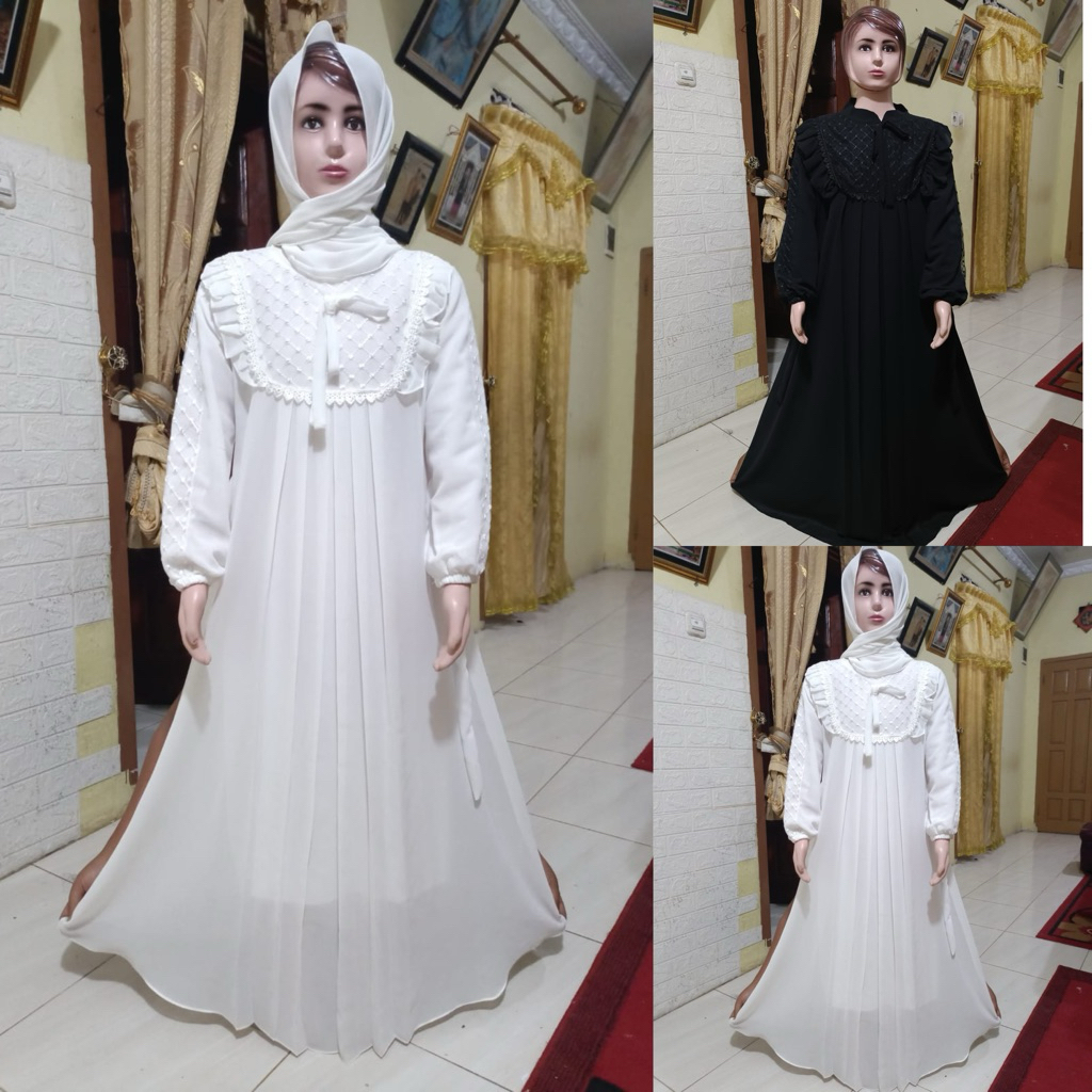 GAMIS MUSLIM ANAK PEREMPUAN KHUSUS WARNA PUTIH DAN HITAM BAHAN CERUTY PREMIUM MIX RENDA DADA SET HIJ