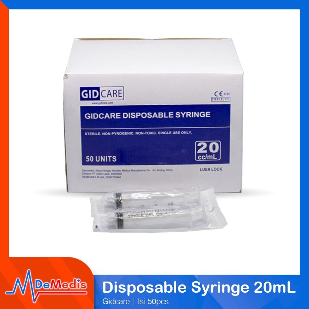 Spuit 20mL GIDCARE Disposable Syringe 20cc Tanpa Jarum Lubang Tengah Box isi 50 Pcs