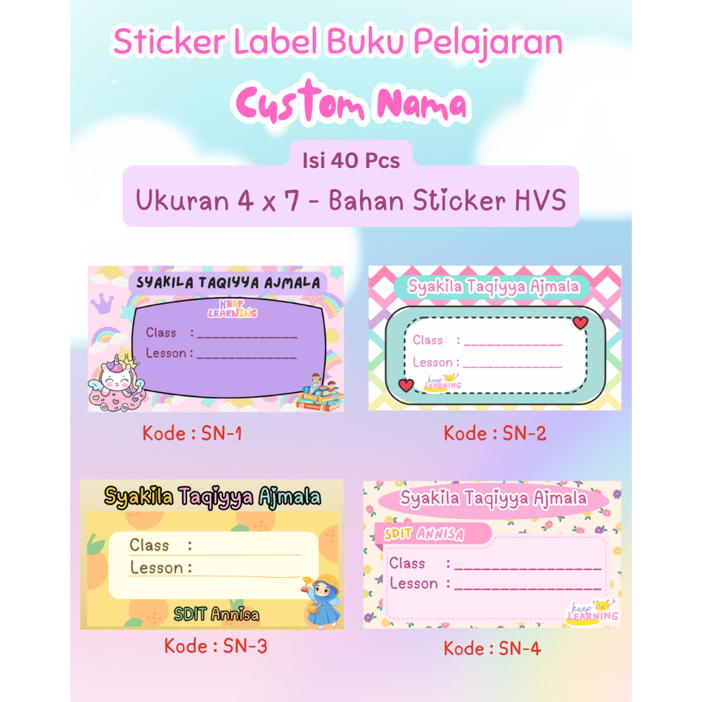 

Stiker Label Buku Pelajaran Custom Free Desain isi 40 pcs Perempuan