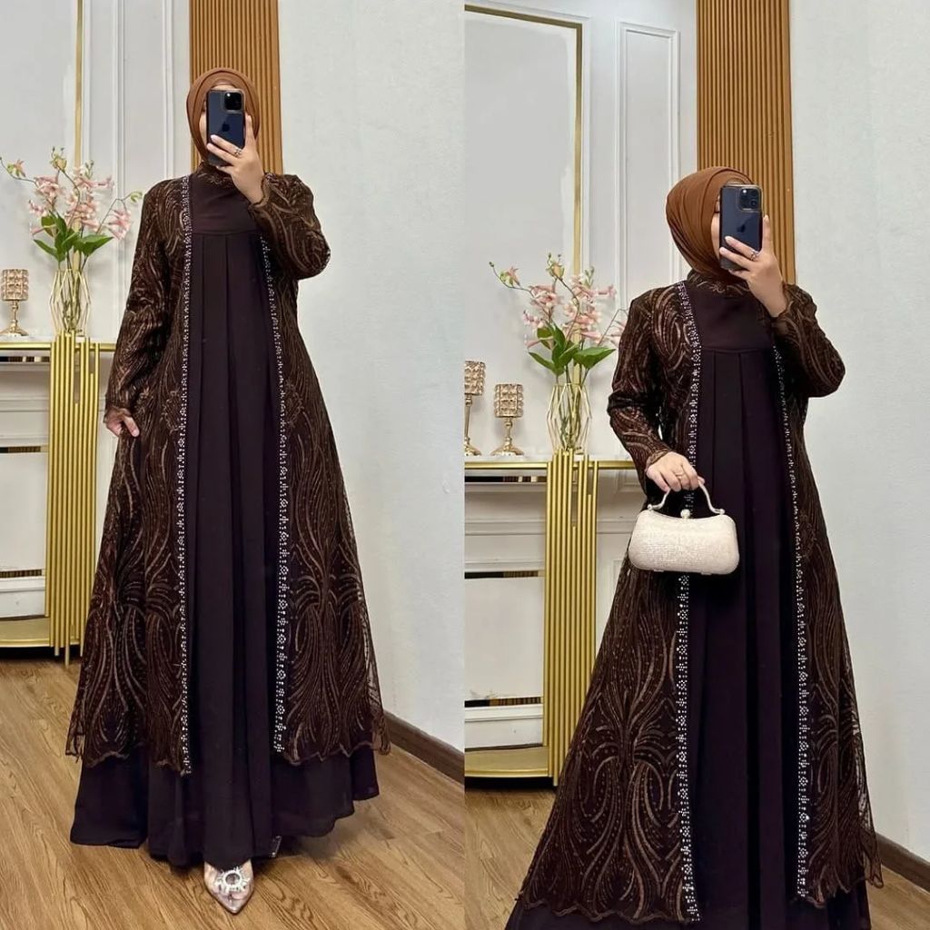 Model Terbaru Paula Dress Set Rompi Bahan Ceruti Bebydoll Mix Brukat Plus Swarovsky / Gamis Rompi