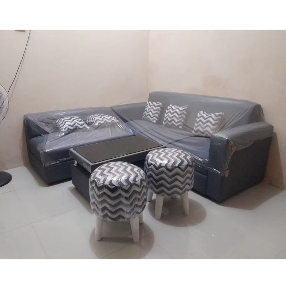 SOFA L PUTUS + 2 STOOL BULAT ATAU SOFA KOTAK KAIN KANVAS