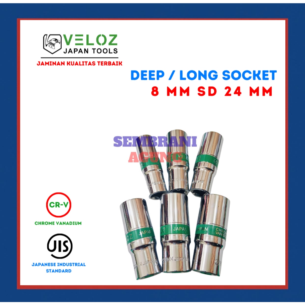 VELOZ MATA KUNCI SOCK/SOK 8/10/12/14/16/17/18/19/22 DRAT 1/2 SOCKET 6 PT LONG-PANJANG JAPAN INDUSTRI