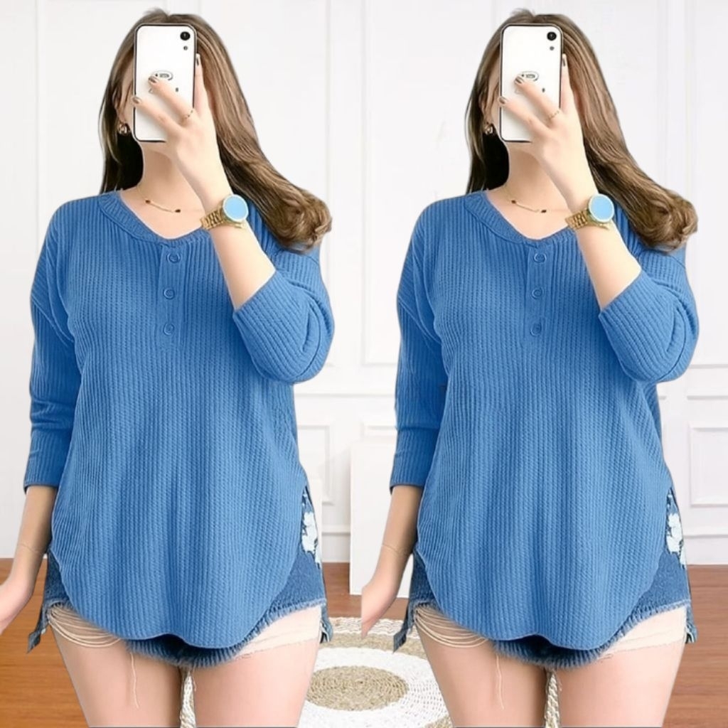 Kaos polos wanita bahan waffle / Blouse atasan wanita lengan panjang / Kaos wanita Harley kancing 3
