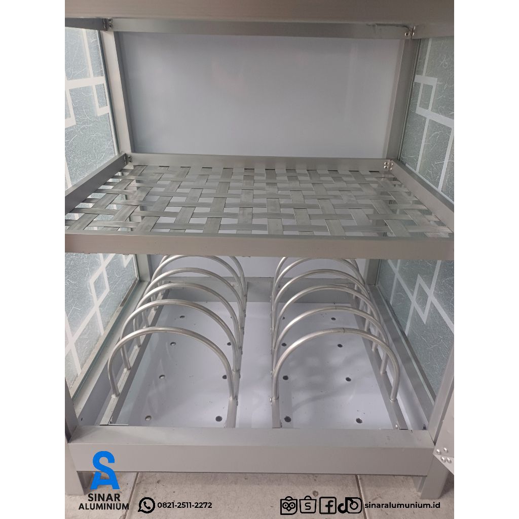 Rak Piring Aluminium Kaca Motif Mini 40x50x75 cm – Cocok untuk Kos / Mahasiswa / Dapur Kecil