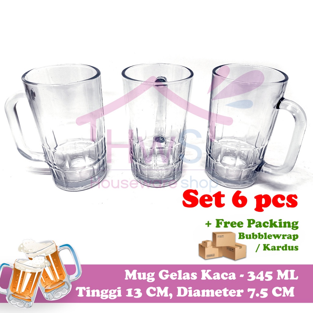 Set 6 Pcs BBC Gelas Kaca Mug Tinggi Oval, Mug Tinggi Kaca Kotak, Mug Tinggi Kotak Bawah 345 ML -Mug 