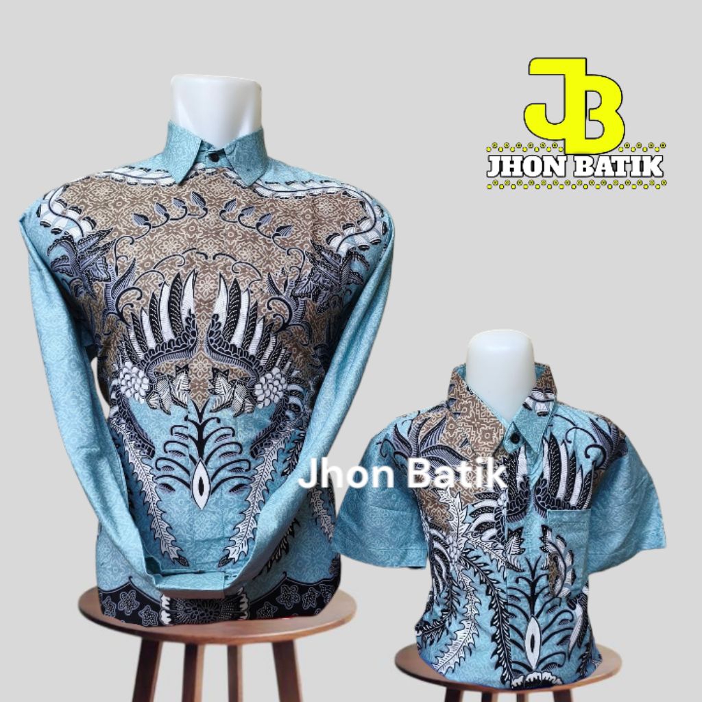Kemeja Batik Baby Blue Couple ayah dan anak laki laki/Batik anak tangan pendek/Batik couple ayah ana
