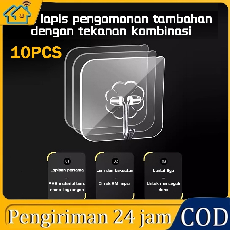 10 Buah Gantungan Tempel Transparan/Maks 5-8kg/Gantungan Tempel Hook/Gantungan Dinding Kait Magic