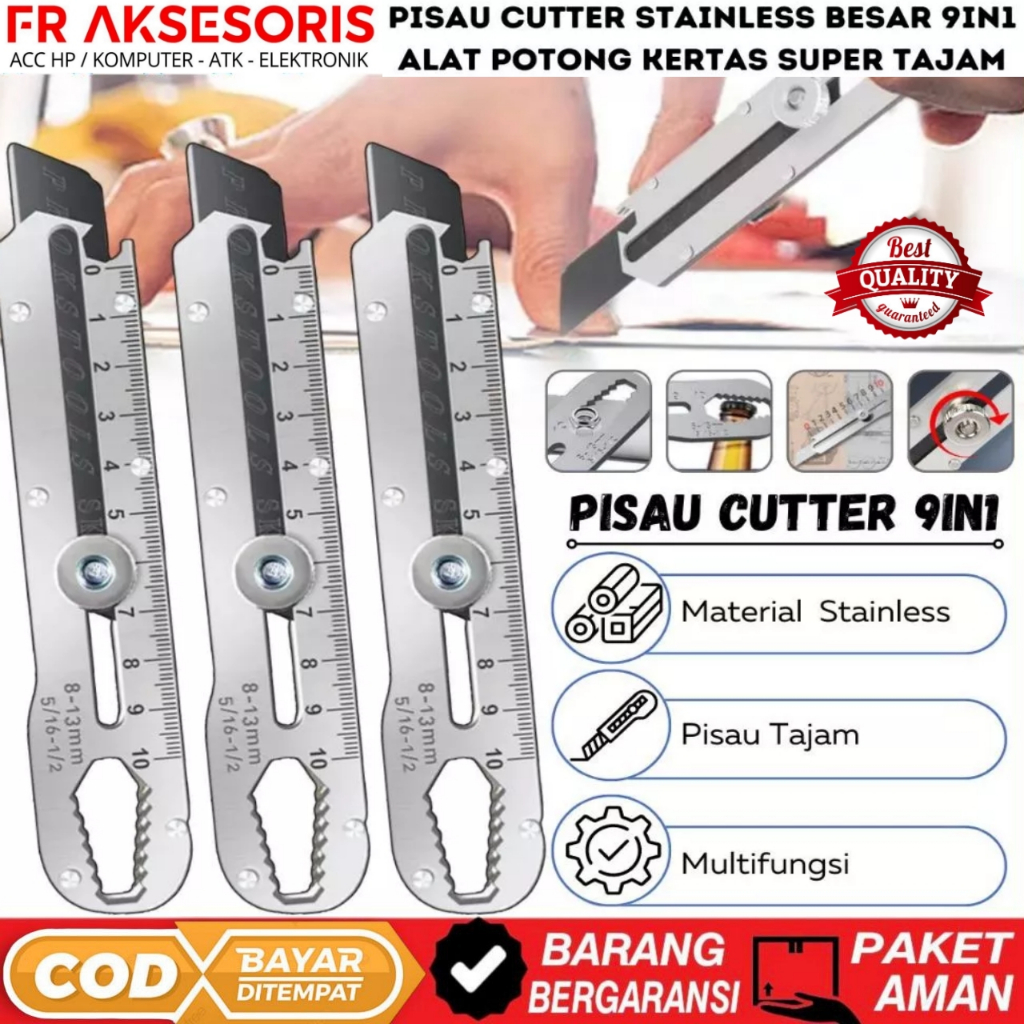 

Pisau Cutter Stainless Besar 9in1 Super Tajam Tahan Karat / Penggaris Screw Buka Kaleng Tutup Botol Baut Sekrup Mur Cuter Kater multifungsi
