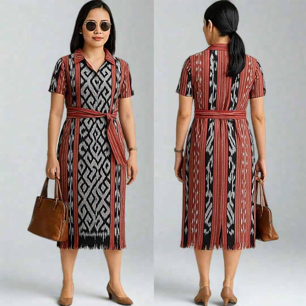 DRESS TENUN IKAT ETNIK WANITA MIDI FORMAL WARNA MERAH HITAM LENGAN PENDEK MOTIF NTT HANDMADE JEPARA 