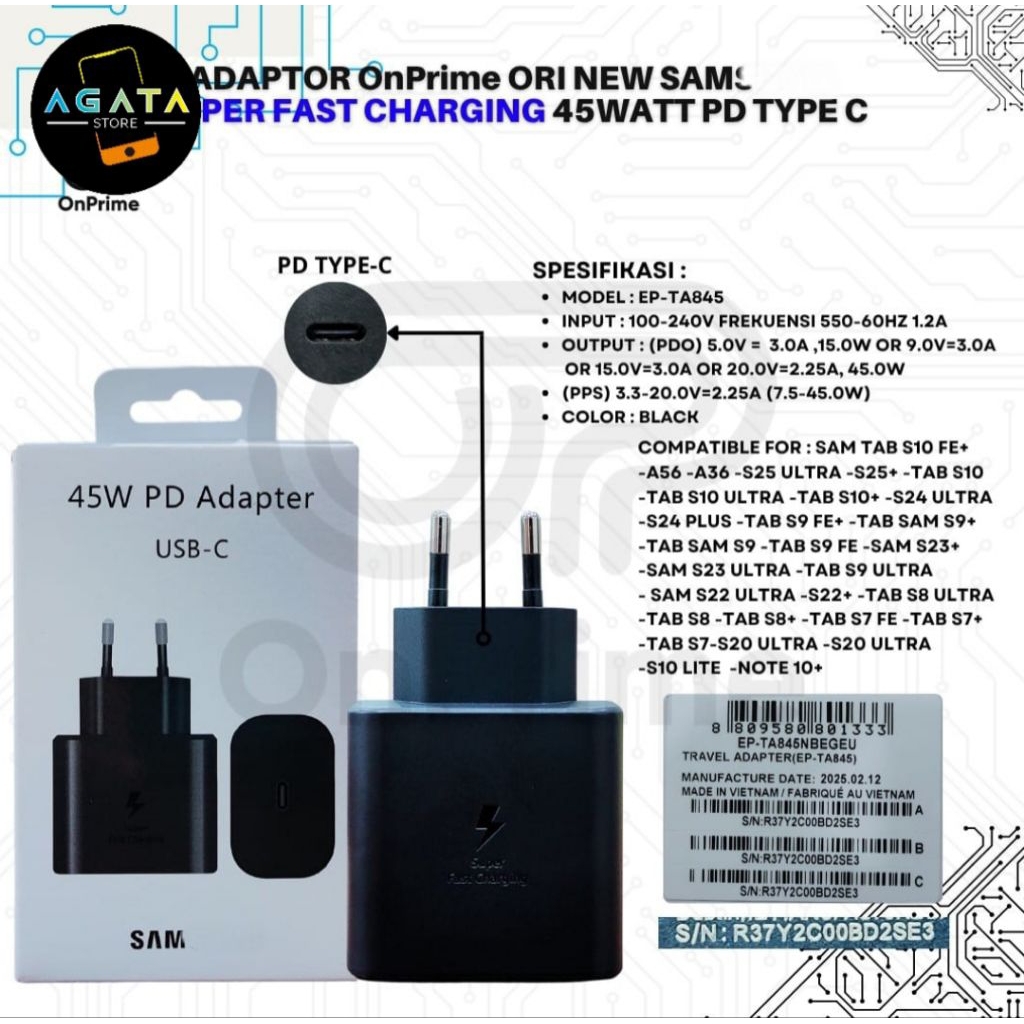 Adaptor Adapter Batok Charger Samsung 45W original For Tab S10 FE  / Tab S10+ / Tab S9 Tab S8 Usb  C