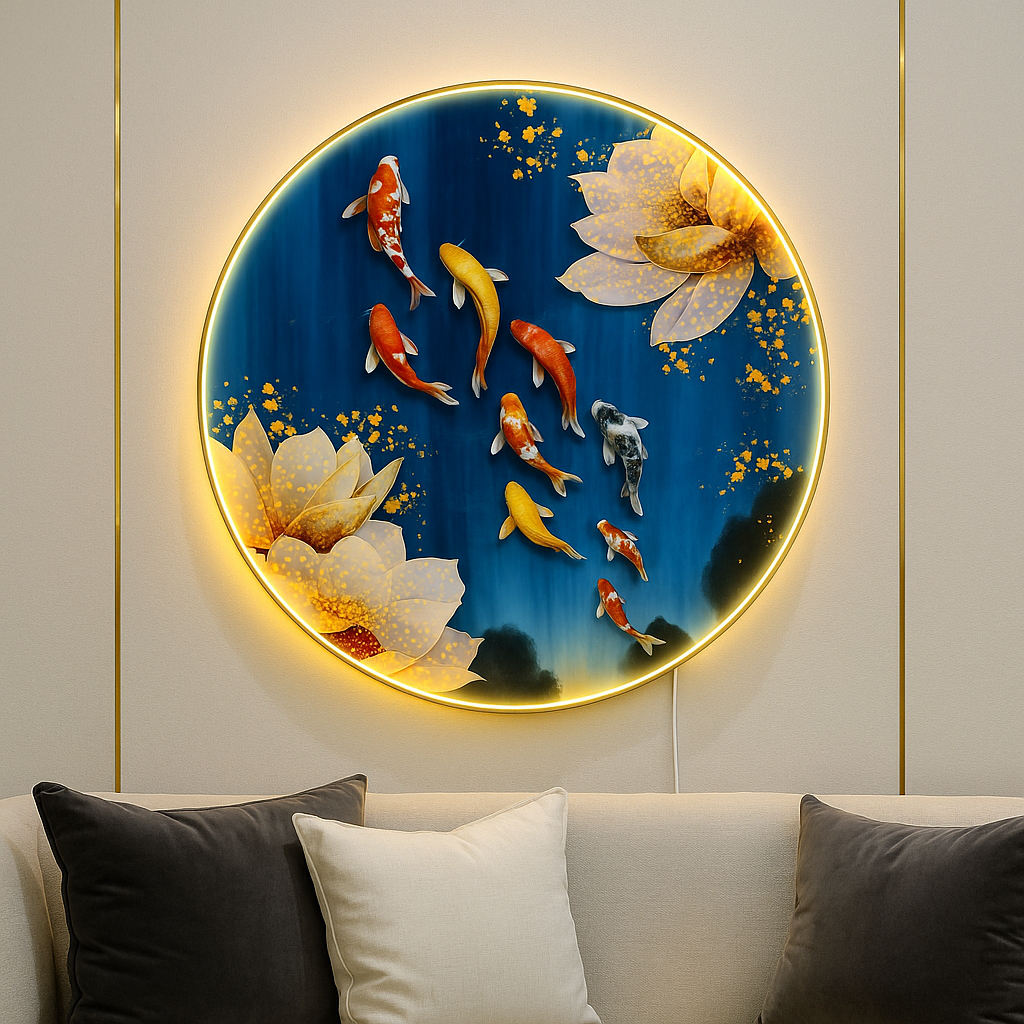 Lukisan Pajangan Dinding 9 Ikan Koi Bunga Lotus 5D Diamond | Porcelain Premium Diameter 70 dan 100cm