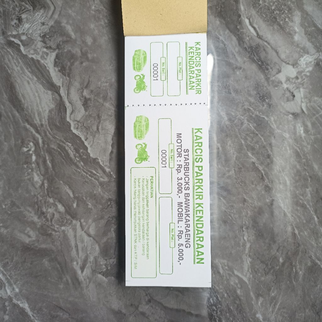 

KARCIS PARKIR MOTOR MOBIL CUSTOM SATUAN