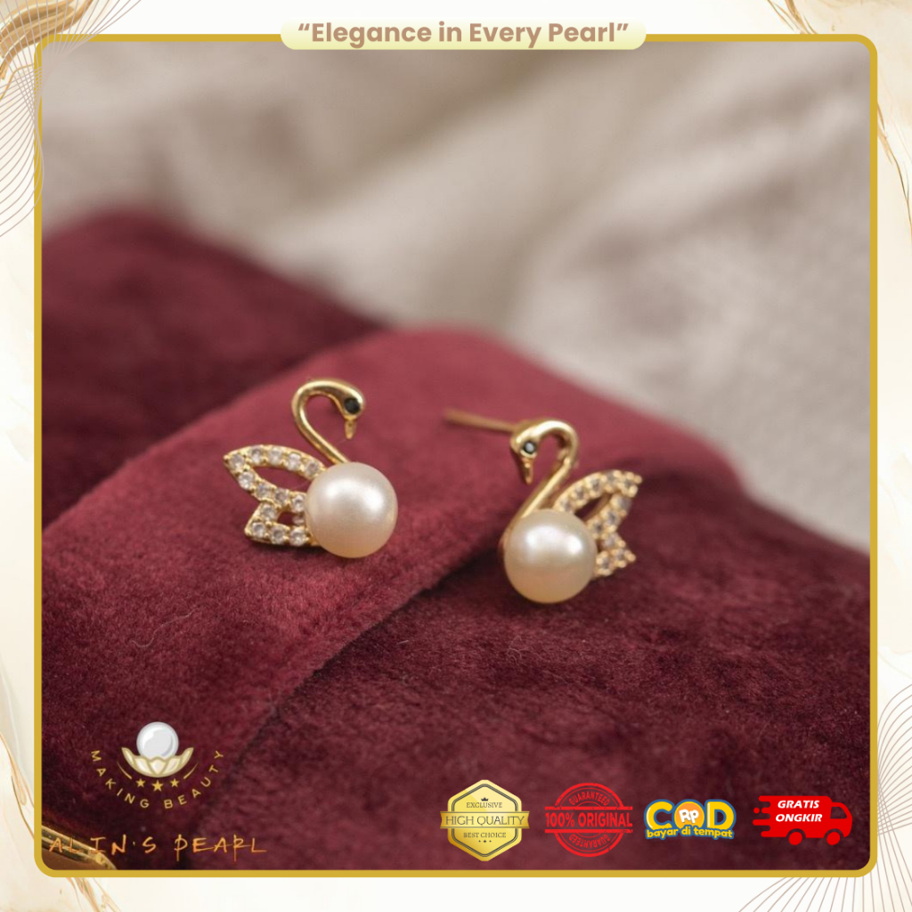 A043 Anting Mutiara Asli Air Tawar Permata Zirkon Silver Gold Desain Angsa Simpel Elegant