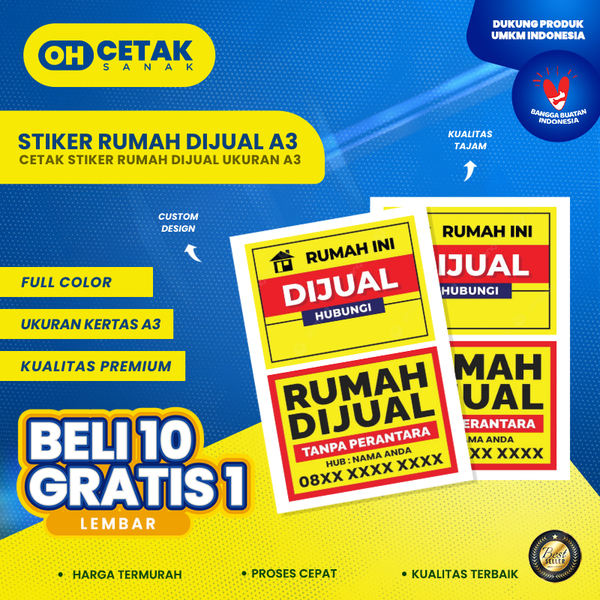 

Stiker Rumah/Tanah Dijual Custom / Label Properti Dijual / Cetak Sticker Vinyl Laminasi Glossy