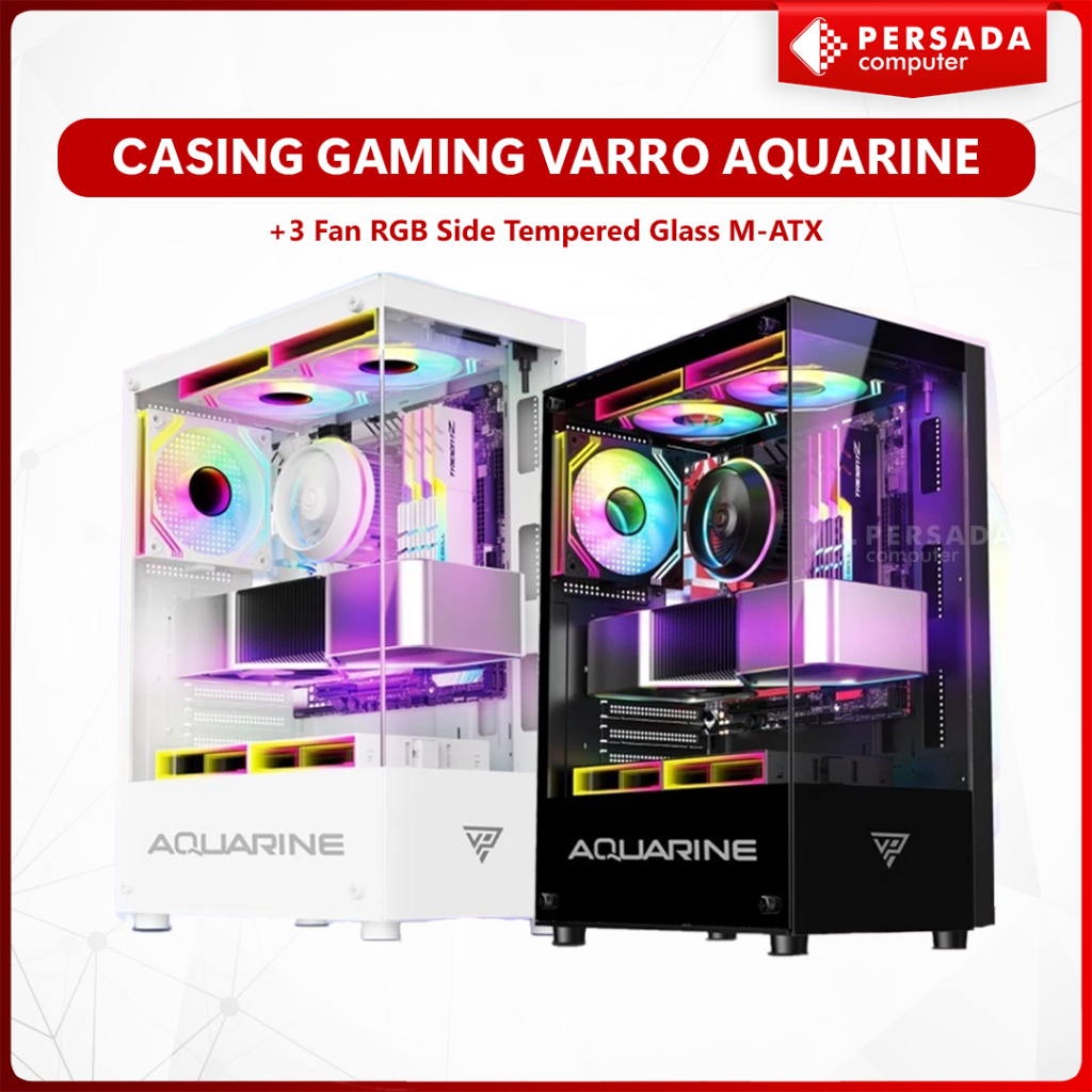 Casing Gaming VARRO AQUARINE + 3 Fan RGB Side Tempered Glass M-ATX