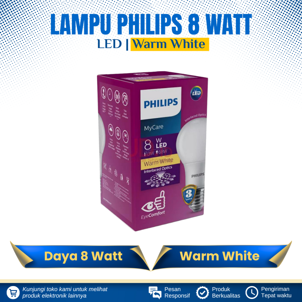 LAMPU BOHLAM LED PHILIPS 8 WATT CAHAYA KUNING LAMPU LED PHILIPS 8 WATT WARM WHITE