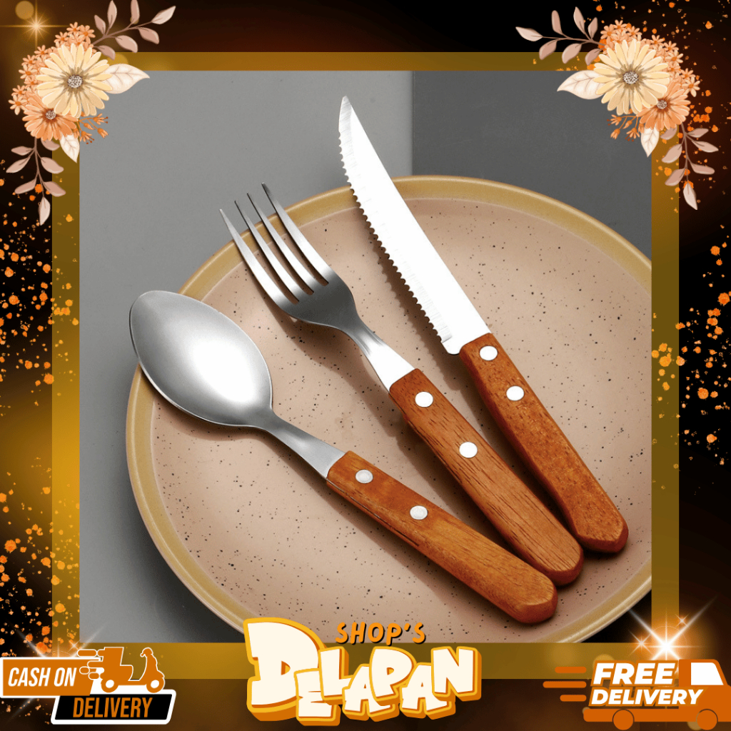 DELAPANSHOPS | Set Sendok Pisau Garpu Steak / Sendok Pisau Garpu Gagang Kayu / Cutlery Set / Sendok 
