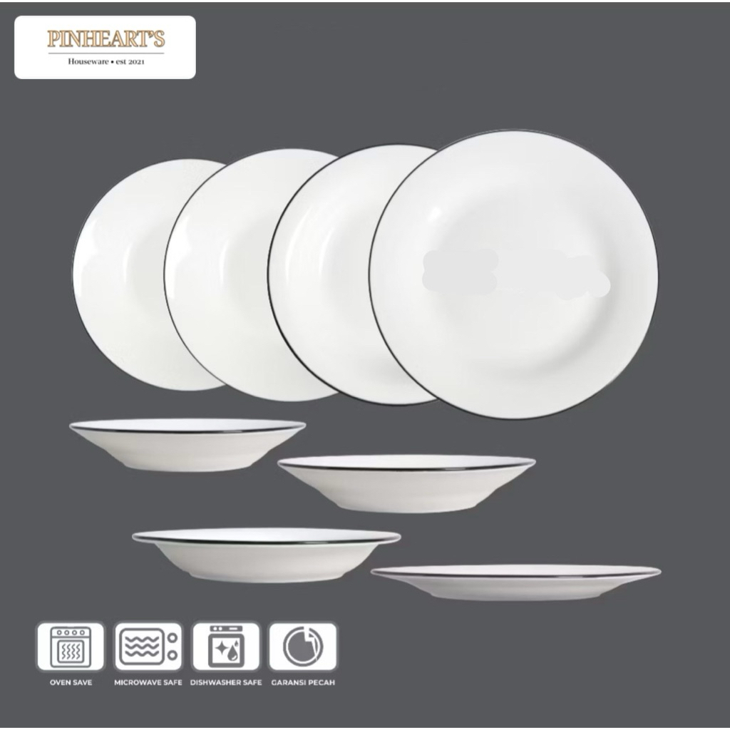 𝗟𝗢𝗨𝗩𝗜𝗡 PIRING MANGKOK CANGKIR KERAMIK POLOS LIST HITAM / PIRING SAJI BUAH POLOS BLACK LINING 𝗟𝗢𝗨𝗩𝗜𝗡