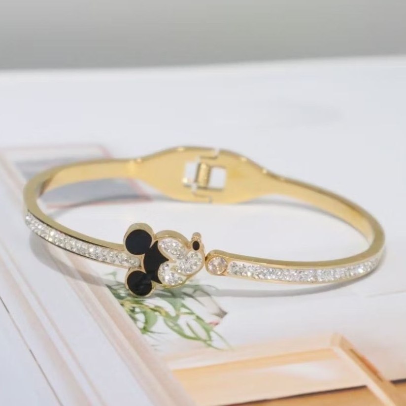 Gelang Bangle Emas Berlian Mickey Mouse Minnie Anti Pudar Tahan Karat Aksesori Wanita