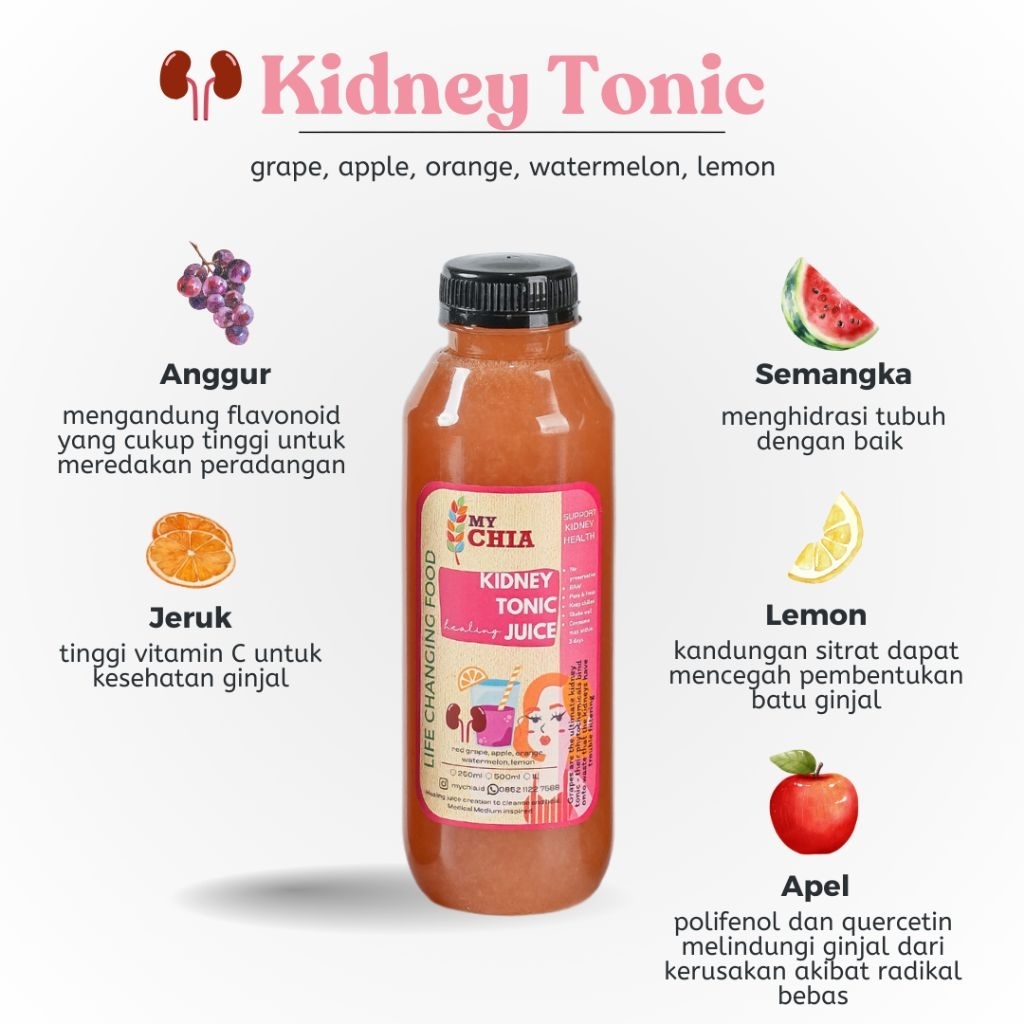 

Kidney Tonic Juice 250ml Jus untuk ginjal Cold Pressed My Chia waterelon grape semangka anggur