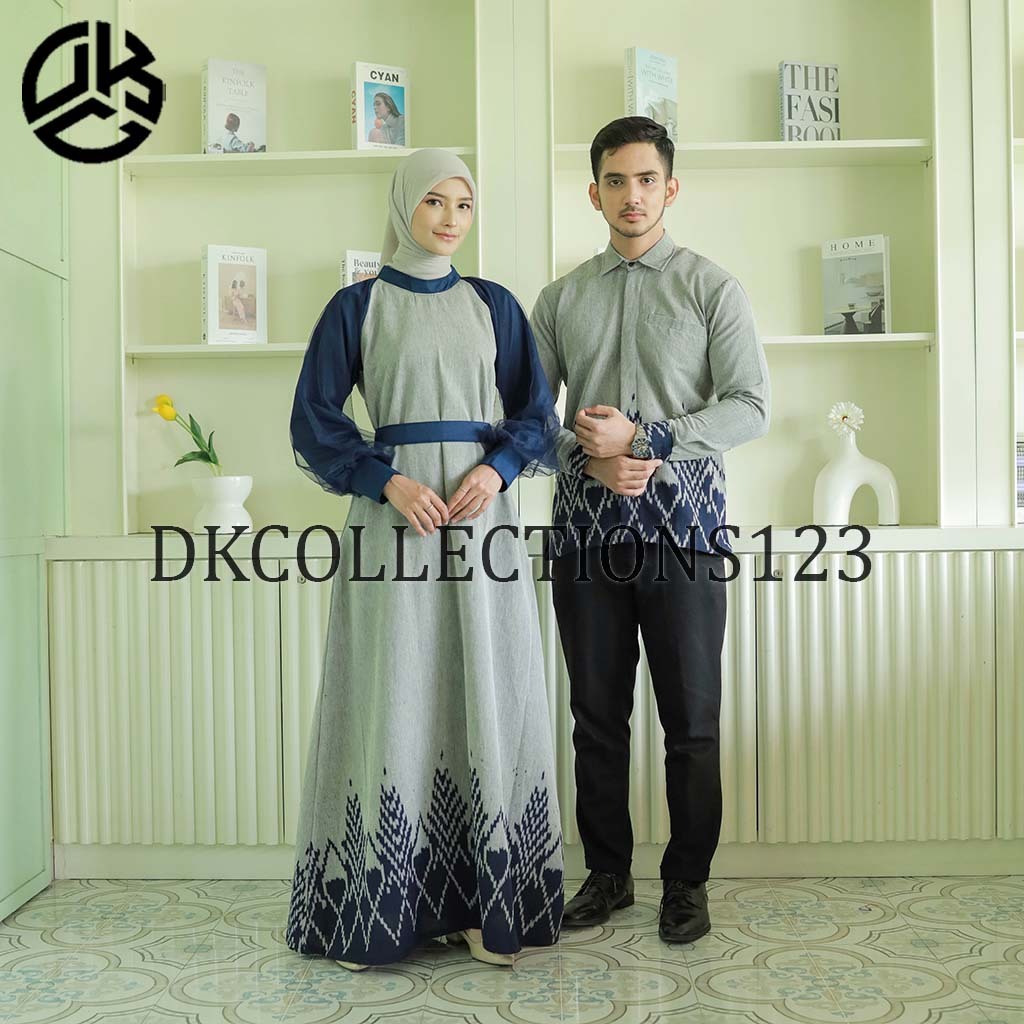 Set couple syahira grey navy kemeja pria dan dress wanita, gamis kondangan ethnic, couple baju konda