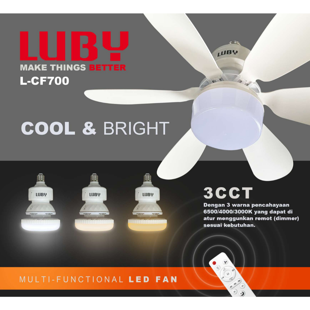 Kipas Angin Plafon 12w LED 2in1 E27 luby L-CF700 Multifungsi dengan Remote dimmer fan gantung dinamo
