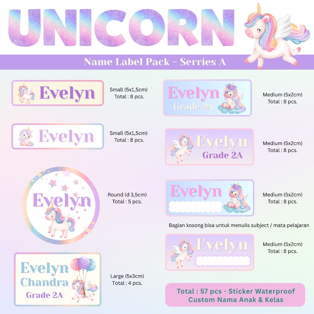 

Sticker Stiker LABEL NAMA CUSTOM KELAS - 57 pcs WATERPROOF Tema Unicorn Untuk Buku Sekolah Anak