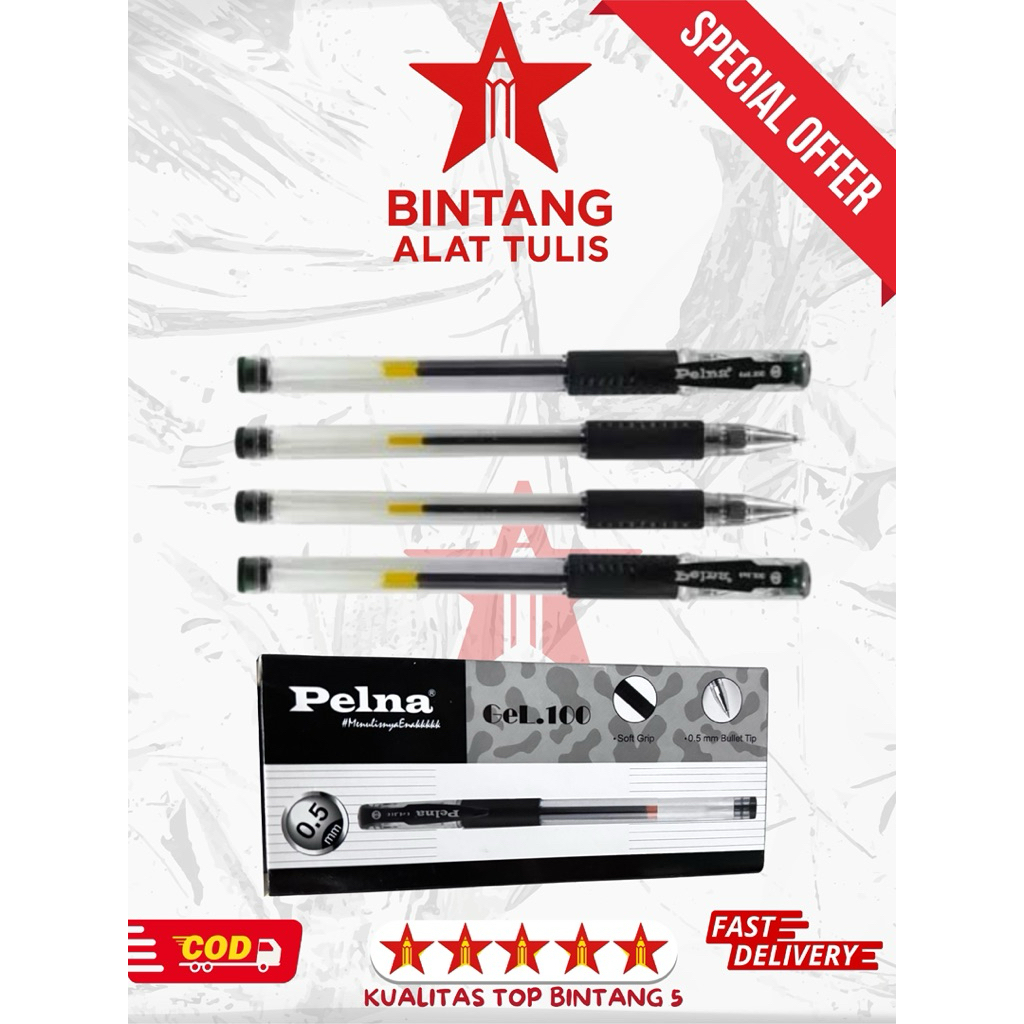 

Pulpen Gel 0.5mm Pelna Soft Grip | Bolpen Hitam & Cepat Kering | Isi 1 Pack 12