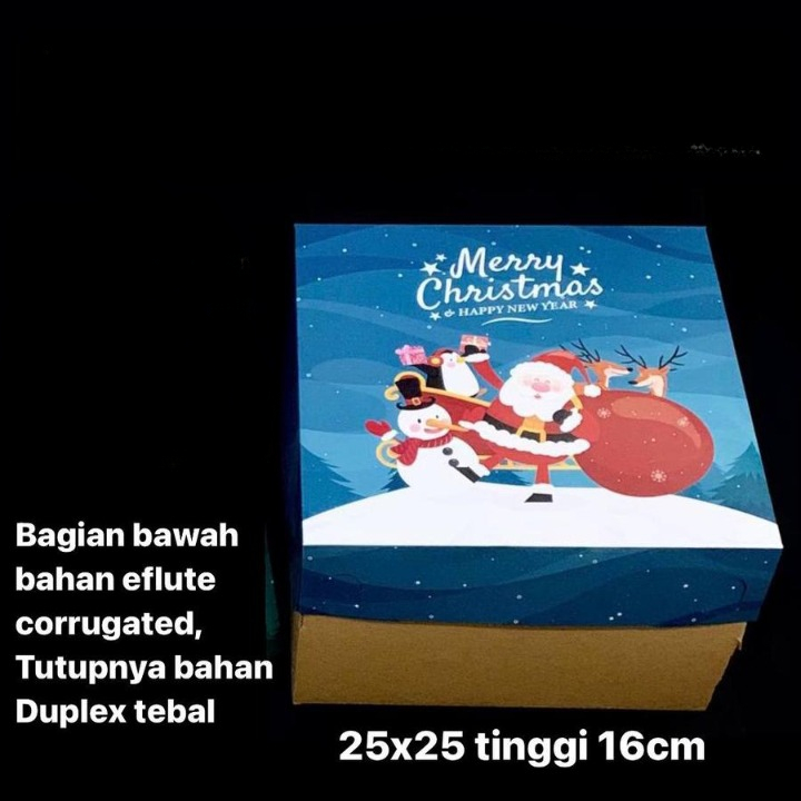 

box kue bolu corrugated tutup duplex natal dus cake parcel christmas santa biru 25x25x16cm