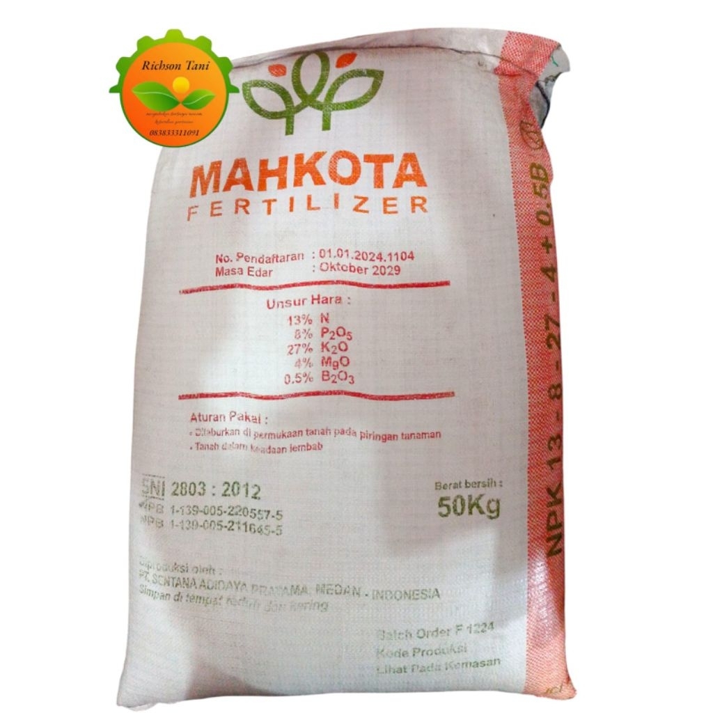 pupuk npk 13-8-27-4+0,5 B mahkota kemasan 50 kg