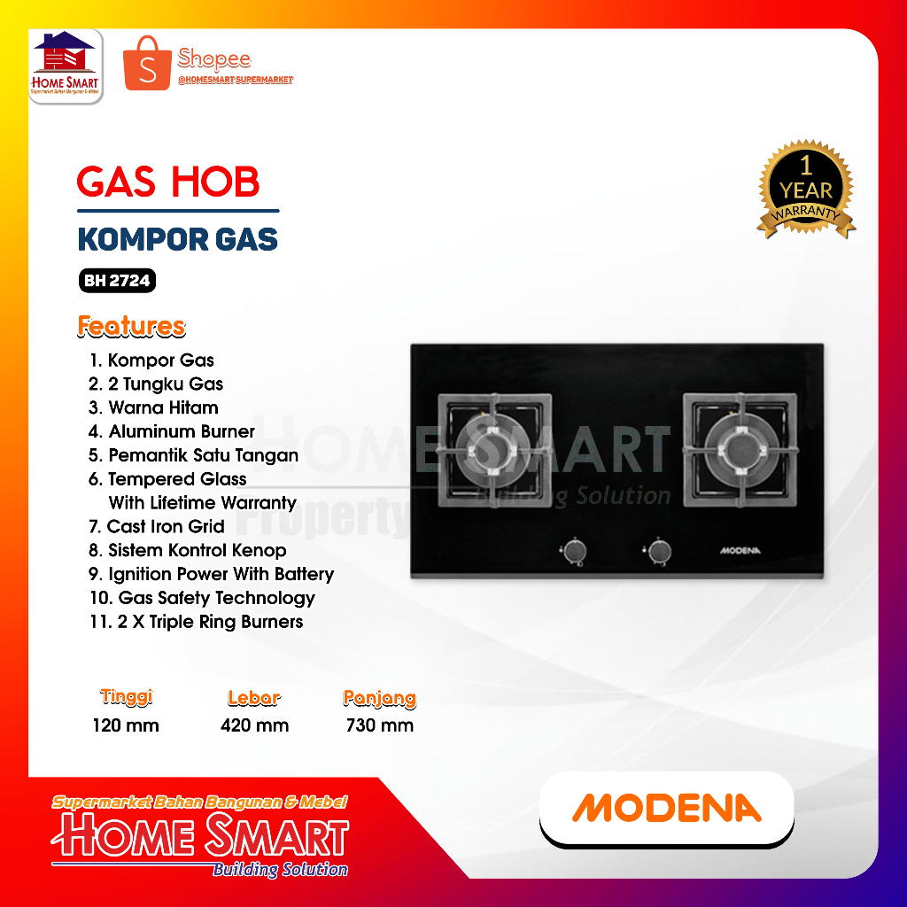Kompor Tanam Gas Modena BH 2724