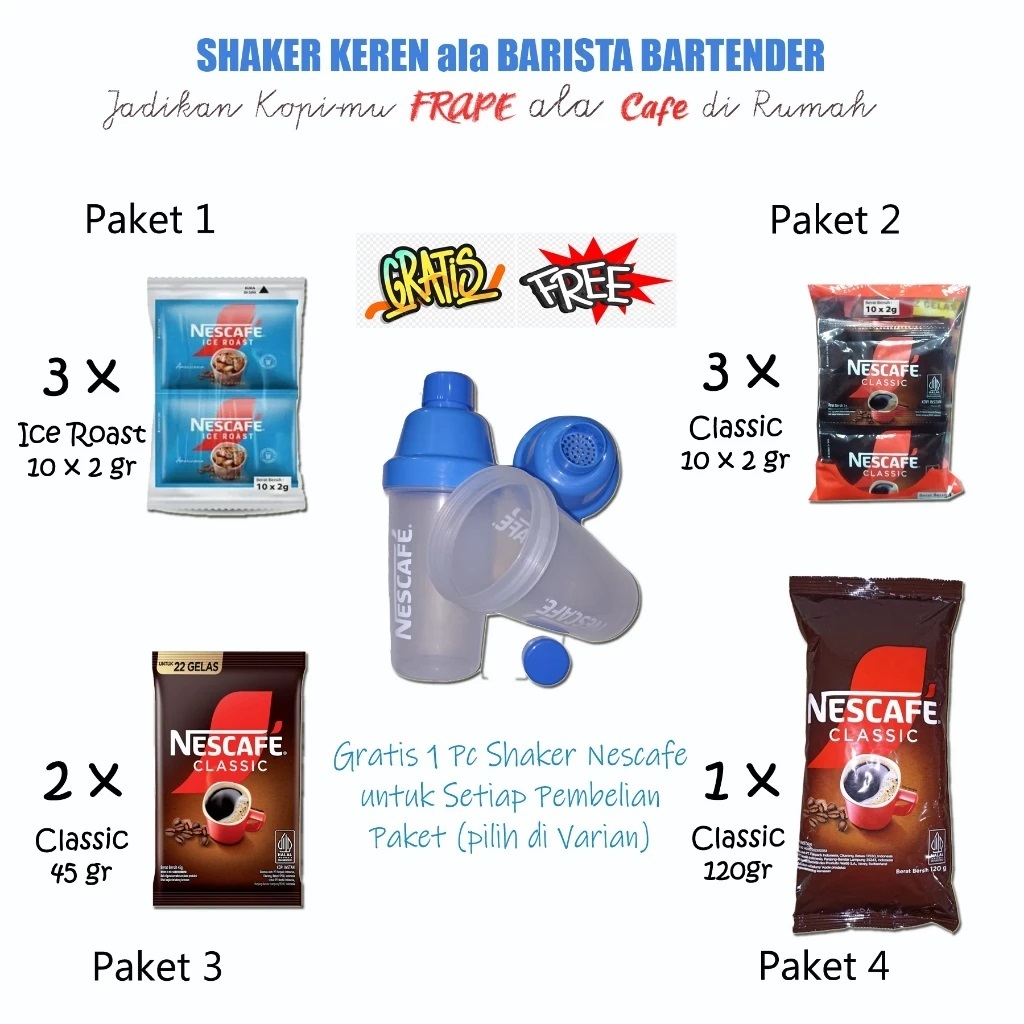 

NESCAFE free SHAKER Buat Frapemu ala Barista Nestle Kopi Robusta Bubuk Coffee All Varian