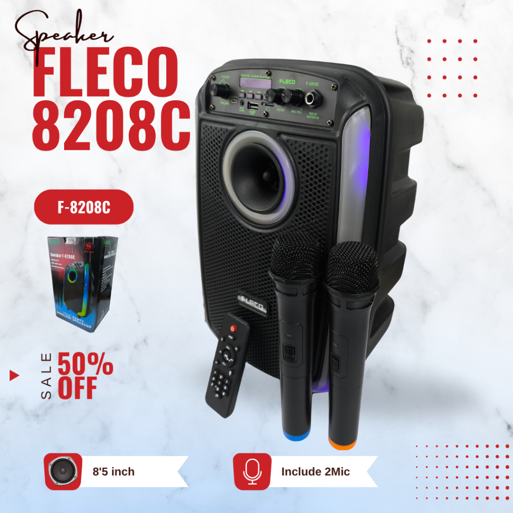 SPEAKER BLUETOOTH FLECO F-8208C 8'5 INCH FREE 2 MIC WIRELESS KARAOKE + REMOTE + KABEL USB