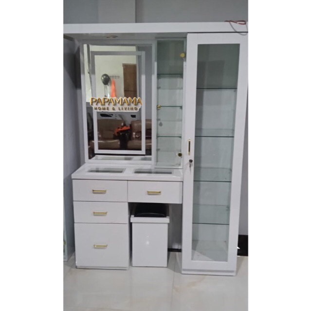 Set Meja Rias Kayu HPL White Glossy - Meja Rias Minimalis Full Rak Pintu Kaca - Meja Rias Kayu