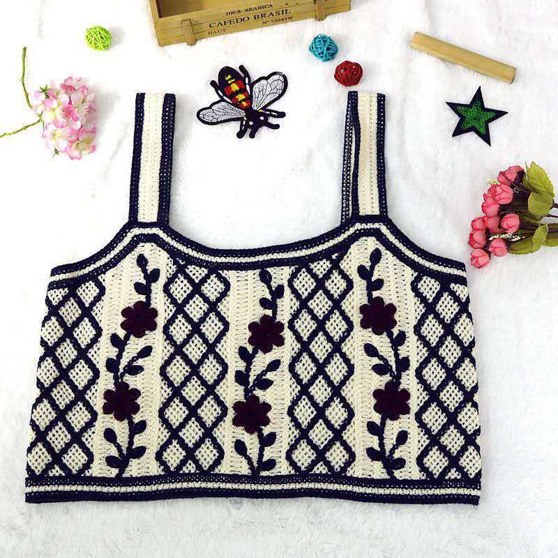 Tank top rajut crochet wanita motif kotak bordir bunga tali pundak model crop vintage
