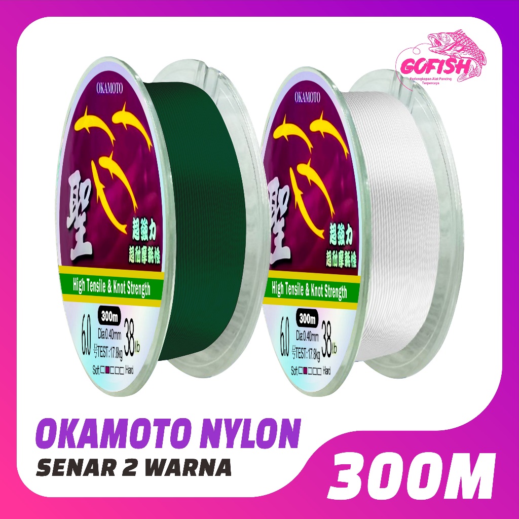 GOFISH - Tali Pancing Nilon Okamoto 300meter Warna Hijau & Putih kualitas premium original