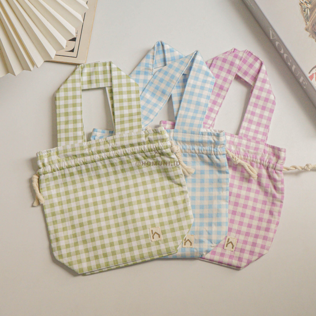 Tas Serut Kain Motif Kotak-Kotak Gingham/Tas Kain Katun Serbaguna/Travel Pouch Souvenir Organizer