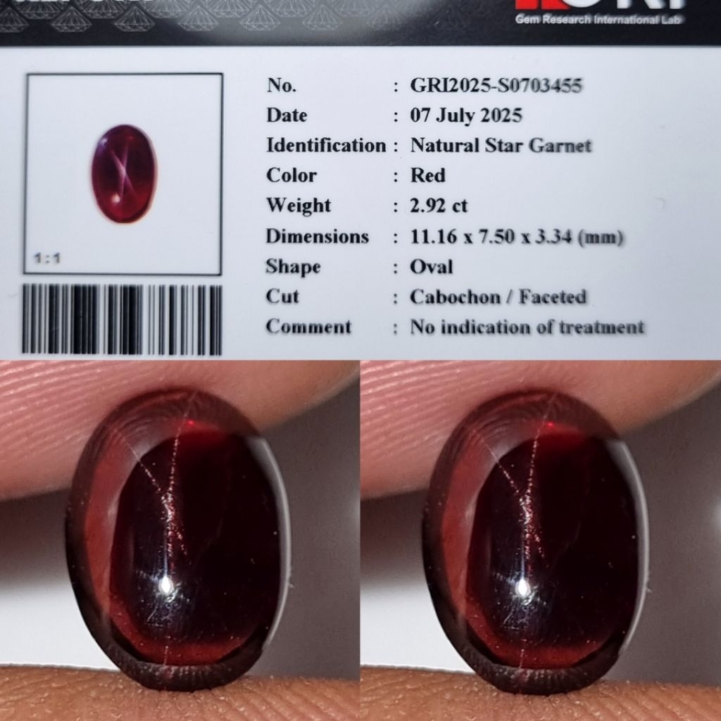 Rare Item Quality Natural Star Red Garnet 2.92 Crt No Heated Srilnka GRI.lab