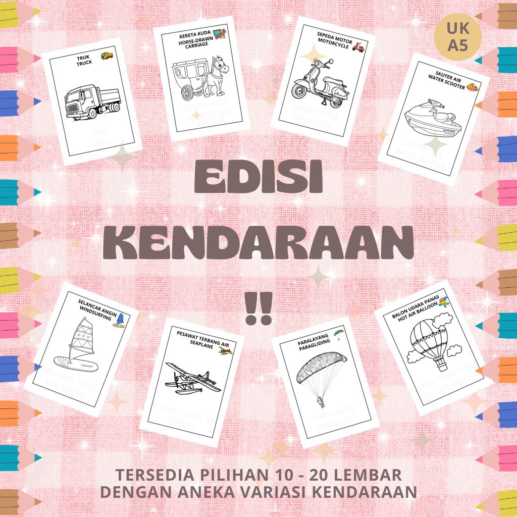 

TERMURAH!! Kertas Mewarnai Anak Uk A5 10 dan 20 lembar Tema Kendaraan
