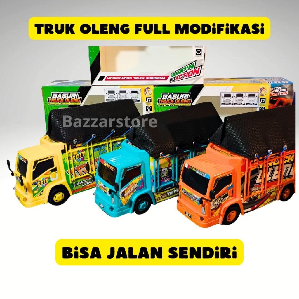 mainan truk oleng modifikasi terpal bisa jalan sendiri lampu nyala dan musik telolet nyala, miniatur