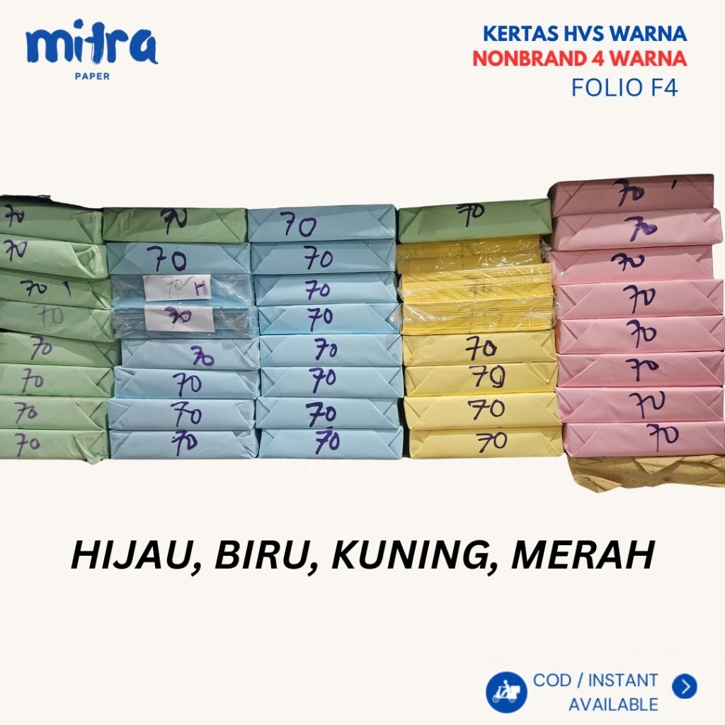 

Kertas HVS 70 Gsm Warna NonBrand Isi 500 Lembar Ukuran F4 folio / 4 Warna ( Biru, Kuning, Merah, Hijau)