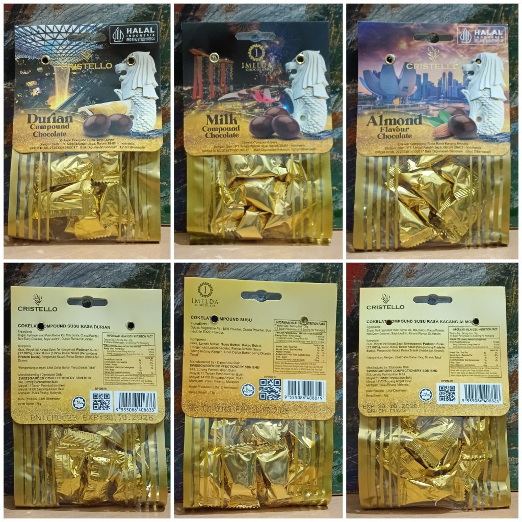 

Cristello 75gr Milk Chocolate Compound Coklat Susu Durian Almond Flavor Singapore Merlion