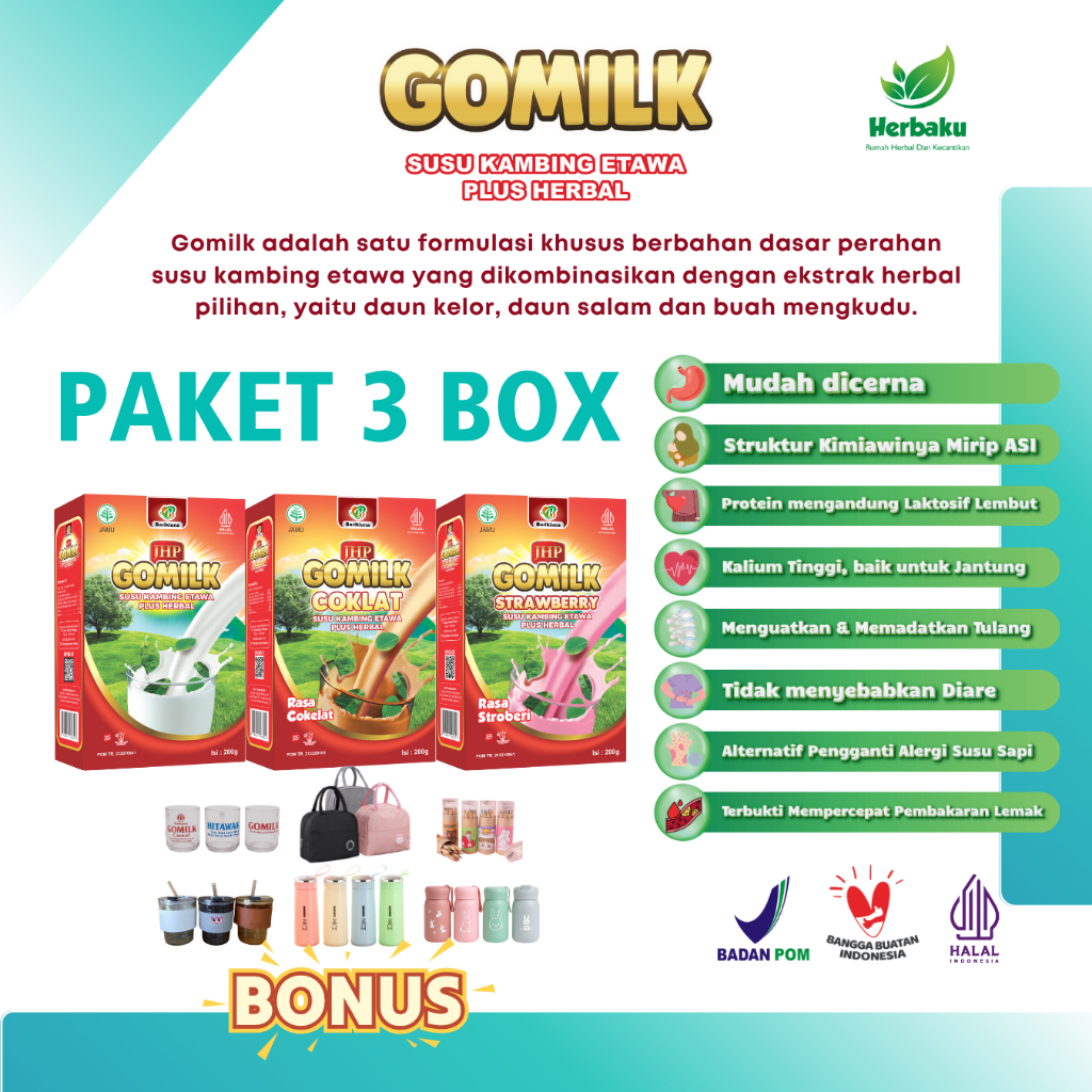 

Paket 3 Box Susu Kambing Etawa GOMILK Plus Herbal – Rasa Coklat, Stroberi, Original + BONUS Menarik