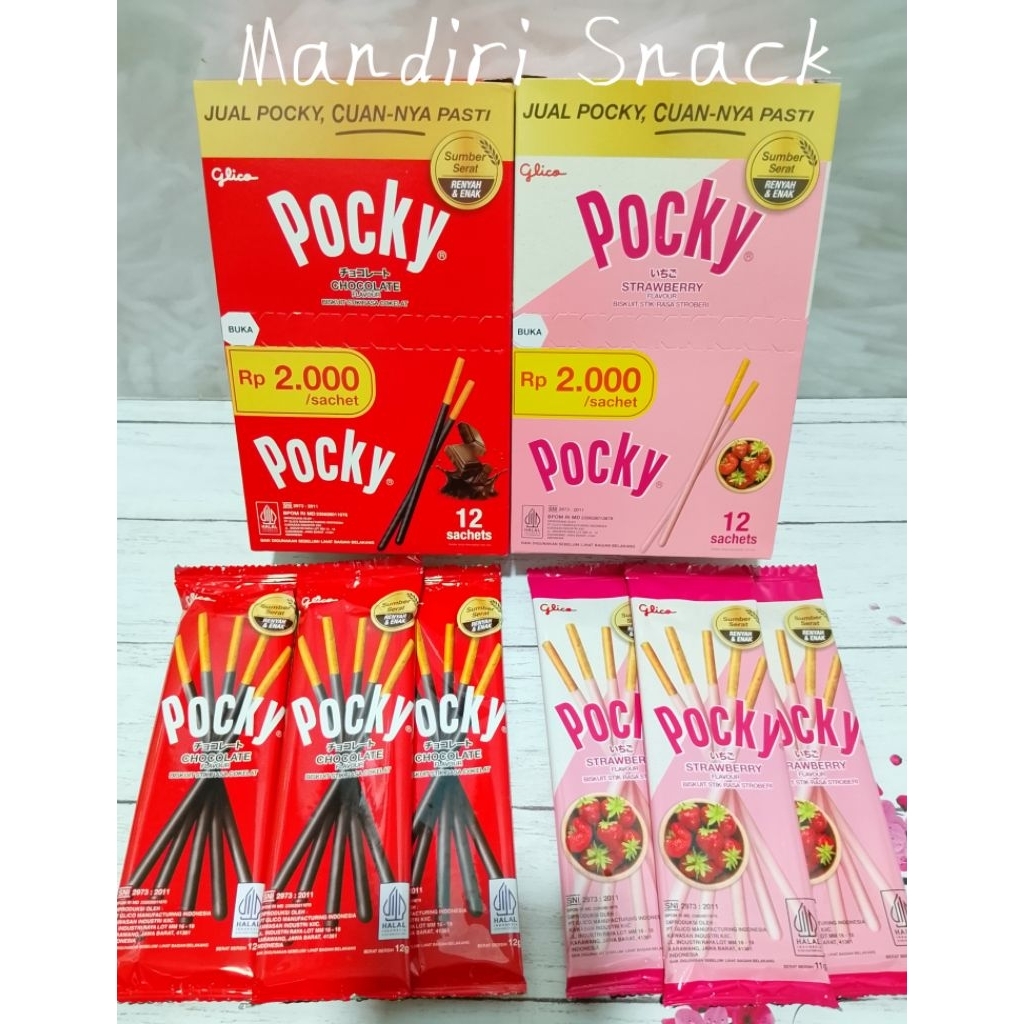 

POCKY Biskuit Stick Rasa Coklat & Strawberry Ec 2.500/Pcs ( 1 Box isi 12 Pcs ) Exp 2026