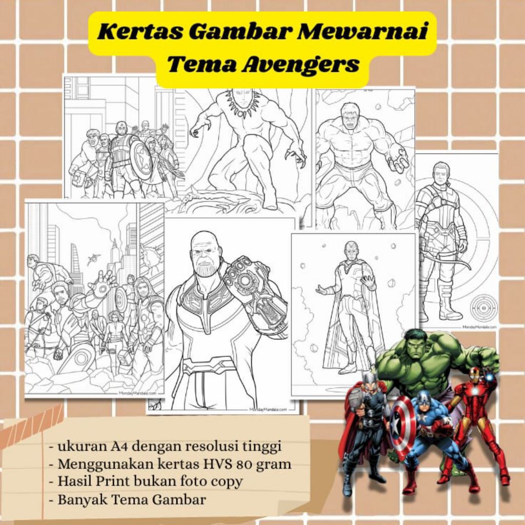 

20 LEMBAR KERTAS MEWARNAI ANAK TEMA AVENGERS (READY LANGSUNG KIRIM)