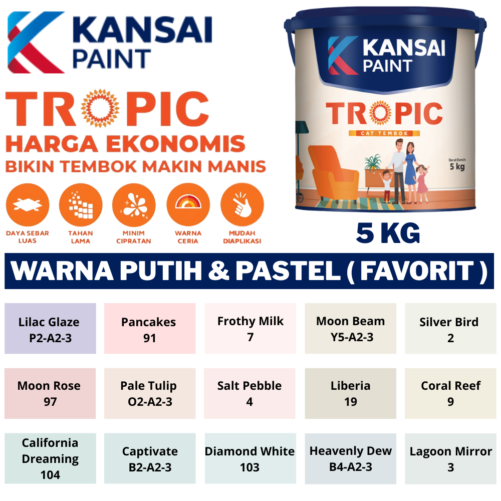 CAT TEMBOK KANSAI PAINT INTERIOR 5KG WARNA PUTIH & PASTEL FAVORIT CAT TEMBOK