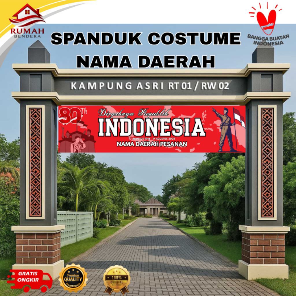 Spanduk 17 Agustus Custom Nama Daerah - Dirgahayu RI Desain Unik Untuk Tugu Dan Gapura Jalan/Gang