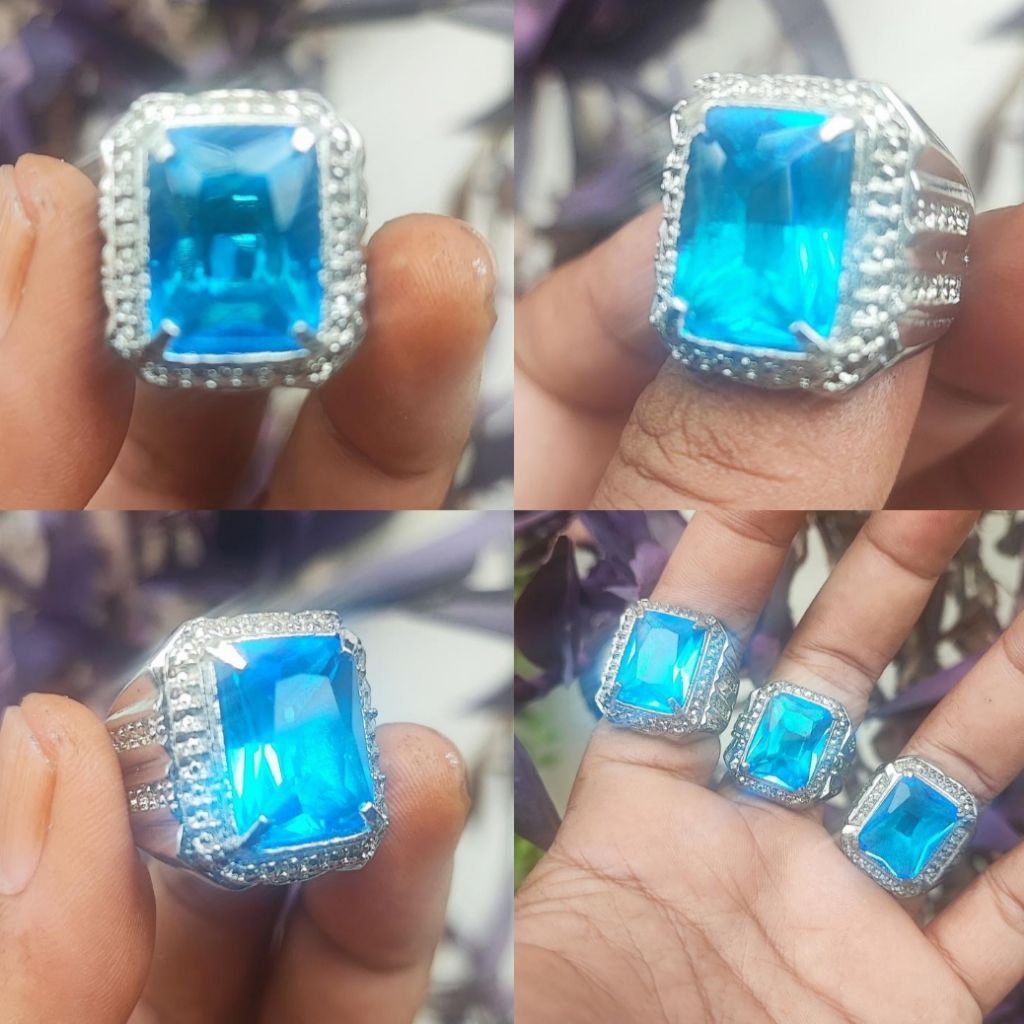 cincin batu akik blue Topas kotak ring alpaka